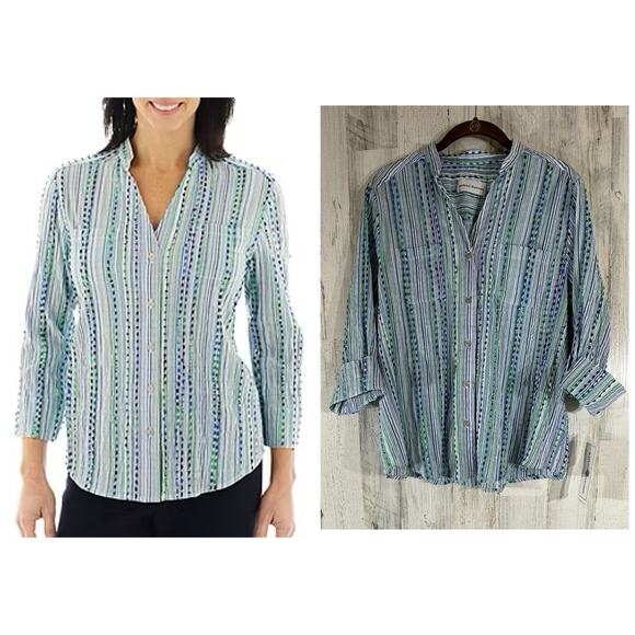 Alfred Dunner Greenwich Circle Shirt Size 12 Eyelash Threads Striped Blue‎ Green - Picture 1 of 11